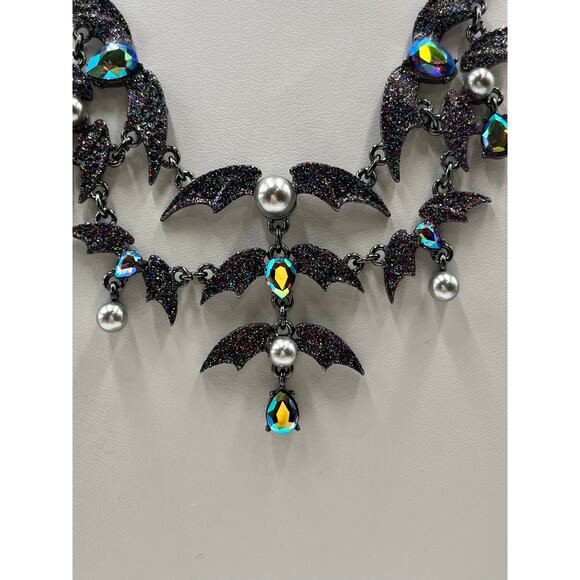 Betsey Johnson Gray Pearl Black AB Rhinestones Gothic Bat Bib Statement Necklace - Picture 10 of 11
